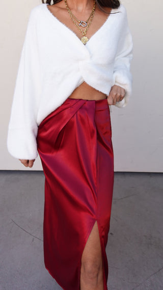 Burgundy Satin Side-Slit Midi Skirt