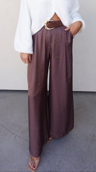 Brown Satin Belted Wide-Leg Pant