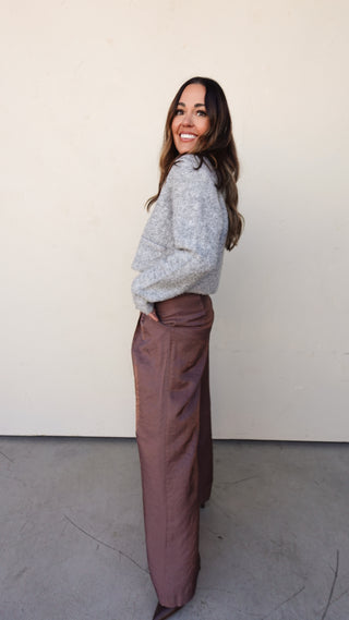 Brown Satin Belted Wide-Leg Pant