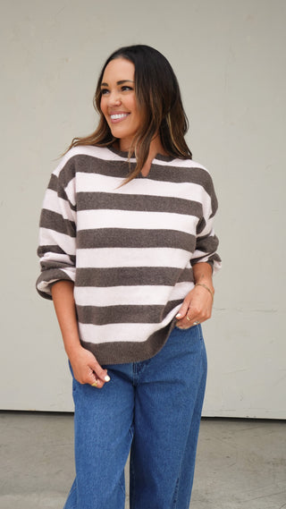 Women's brown and blush striped oversized knit sweater with relaxed fit
