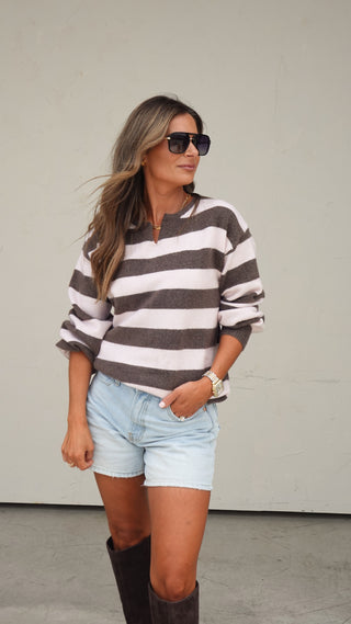 Women's brown and blush striped oversized knit sweater with relaxed fit