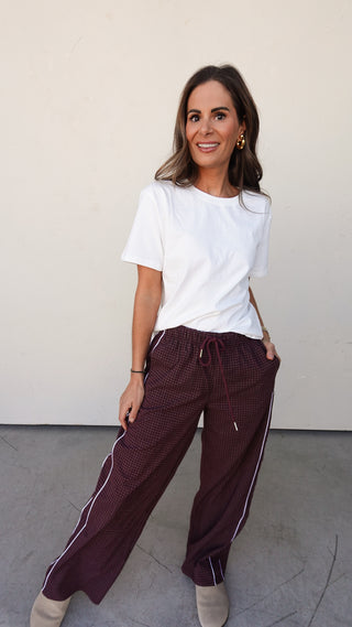 Burgundy Plaid Elastic-Waist Pant