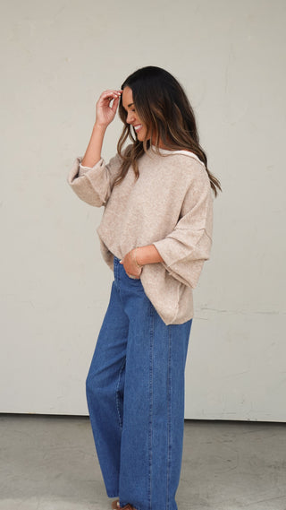Women's beige off-the-shoulder lightweight pullover sweater with relaxed fit