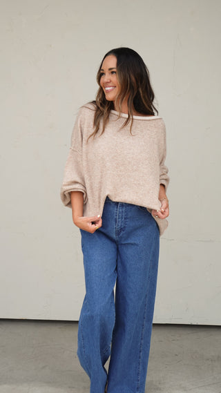 Women's beige off-the-shoulder lightweight pullover sweater with relaxed fit