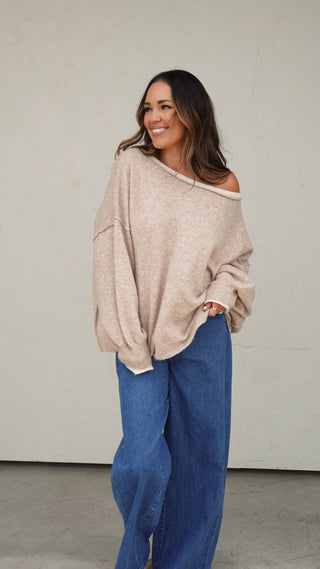 Women's beige off-the-shoulder lightweight pullover sweater with relaxed fit