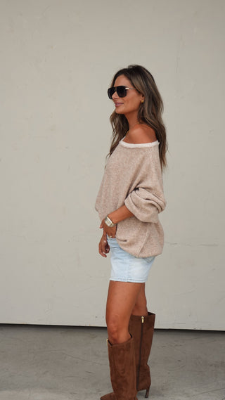 Women's beige off-the-shoulder lightweight pullover sweater with relaxed fit