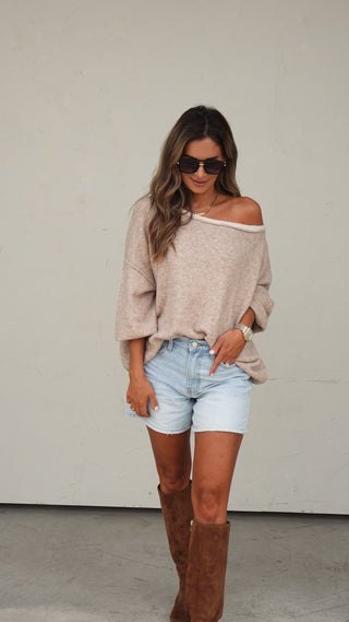 Women's beige off-the-shoulder lightweight pullover sweater with relaxed fit