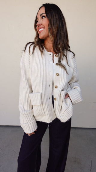 Cream Ribbed Knit Chunky Cardigan