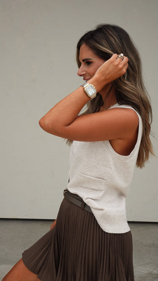 Oatmeal Sleeveless Knit Button-Front Top