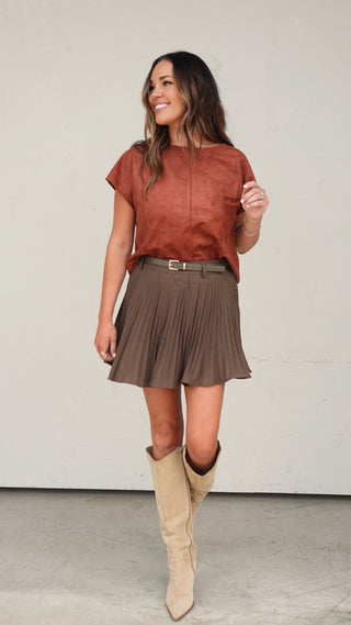 Women's rust faux suede cap sleeve top with elevated minimalist style