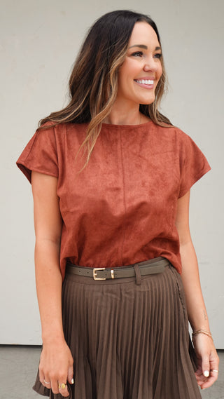 Women's rust faux suede cap sleeve top with elevated minimalist style