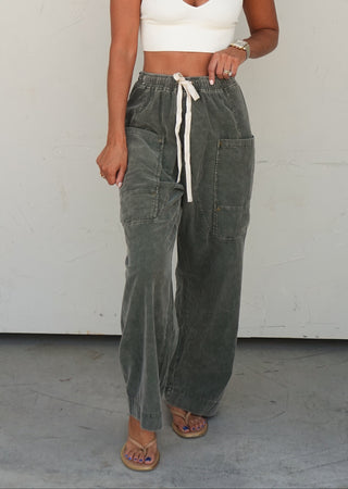 Women's olive green corduroy wide-leg drawstring pants with relaxed fit