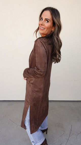 Brown Suede Trench-Style Duster