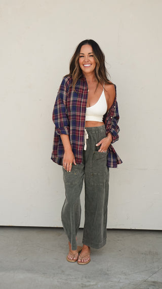 Women's olive green corduroy wide-leg drawstring pants with relaxed fit