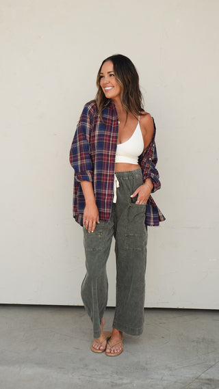 Navy Plaid Oversized Flannel Shirt