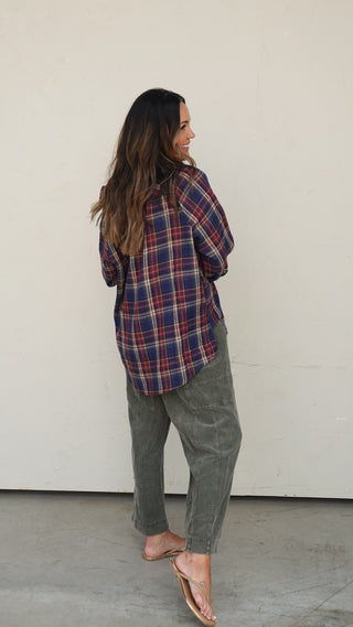 Navy Plaid Oversized Flannel Shirt