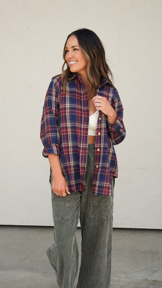Navy Plaid Oversized Flannel Shirt