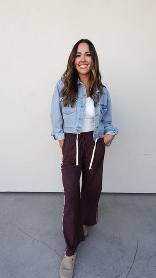 Burgundy Plaid Elastic-Waist Pant