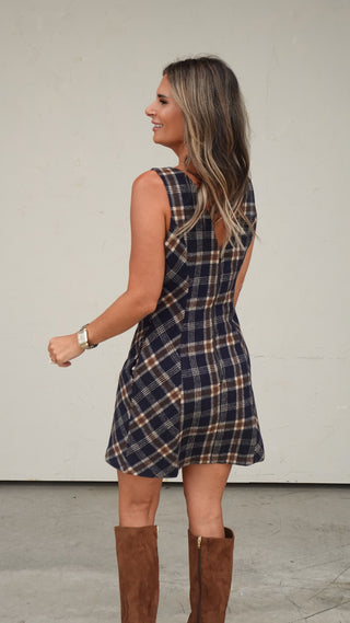 Navy Plaid Sleeveless Dress