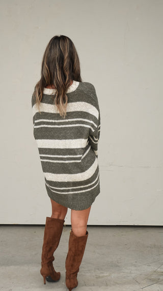 Olive Striped V-Neck Knit Dress