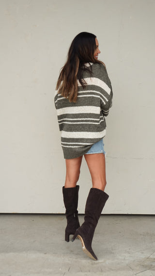 Olive Striped V-Neck Knit Dress