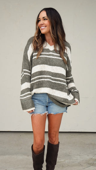 Olive Striped V-Neck Knit Dress
