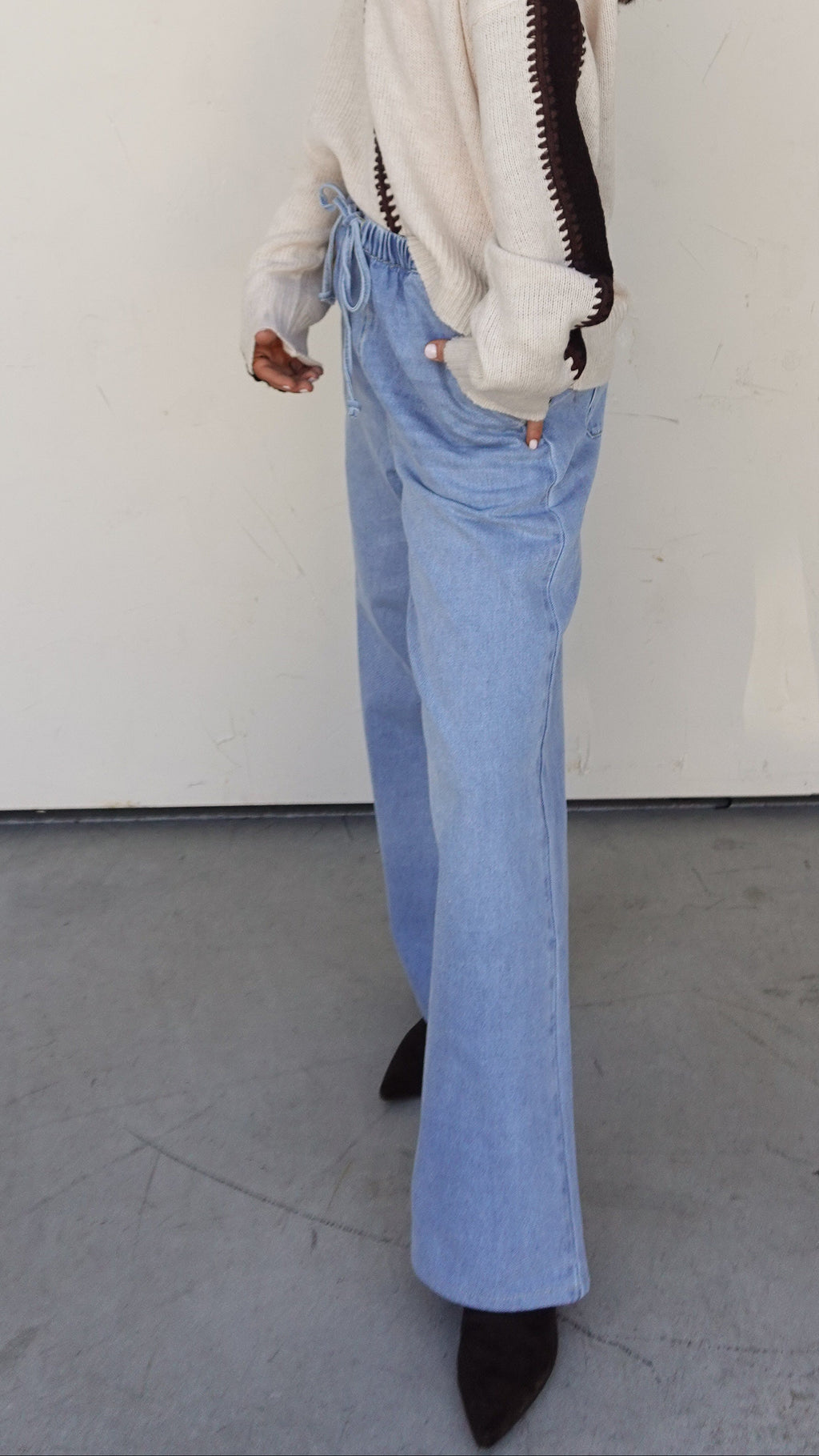 Drawstring Wide Leg Denim Pant - | COCO The Shop