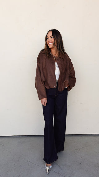 Brown Suede Oversized Bomber Jacket