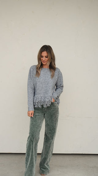 Gray Fringe Knit Top