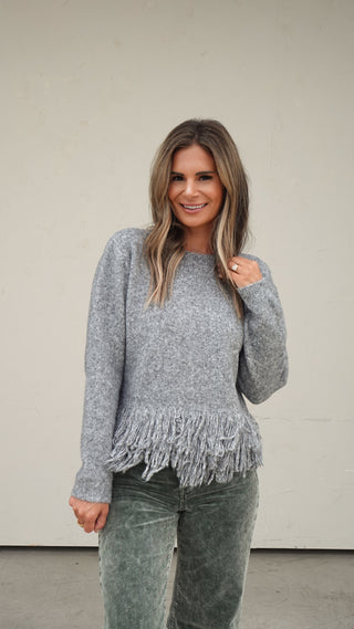 Gray Fringe Knit Top
