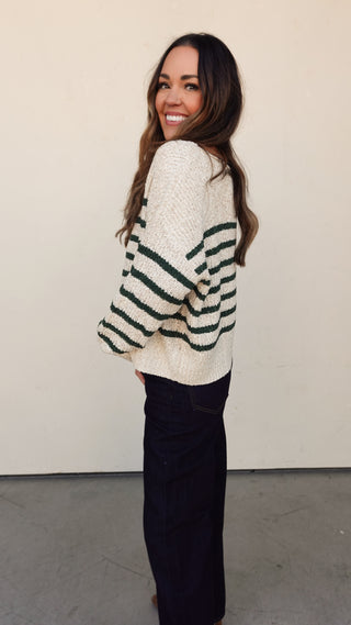 Cream/Green Striped Slouchy Sweater