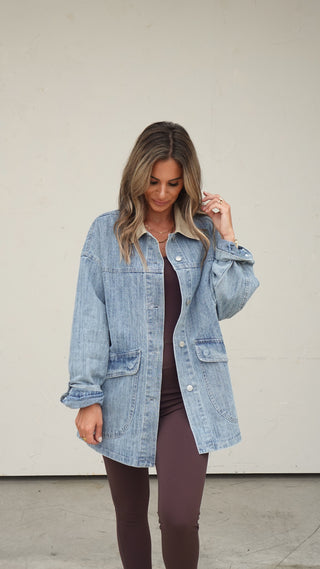 Oversized Denim Shacket with Contrast Collar