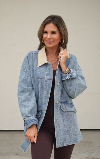 Oversized Denim Shacket with Contrast Collar