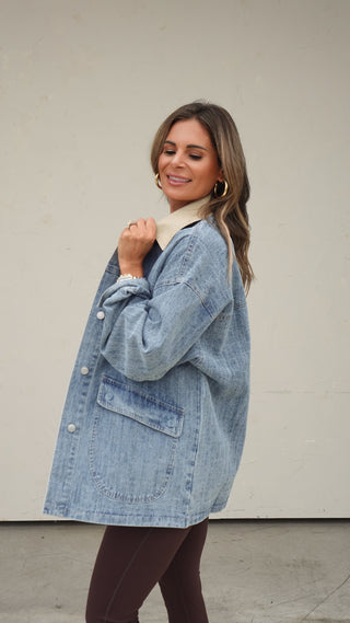 Oversized Denim Shacket with Contrast Collar