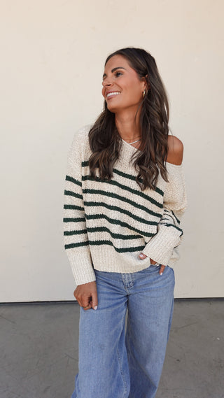 Cream/Green Striped Slouchy Sweater
