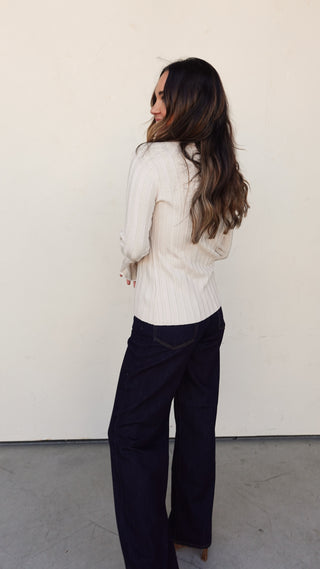 Beige Ribbed Knit Button-Front Top