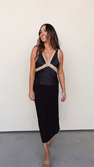 Black Satin Top with Ivory Lace