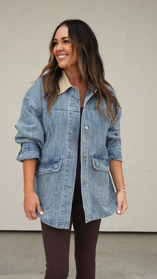 Oversized Denim Shacket with Contrast Collar