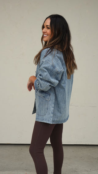 Oversized Denim Shacket with Contrast Collar