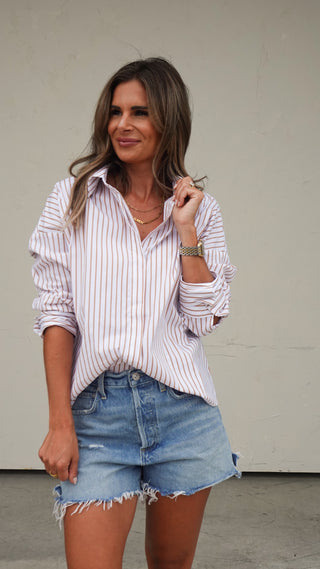 Brown/White Striped Button-Down Shirt