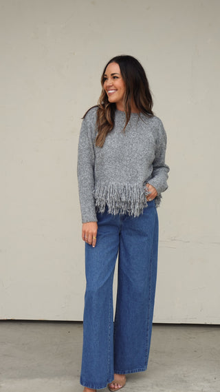 Gray Fringe Knit Top