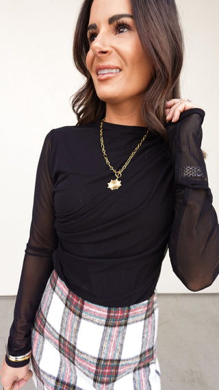 Black Mesh Draped Bodysuit