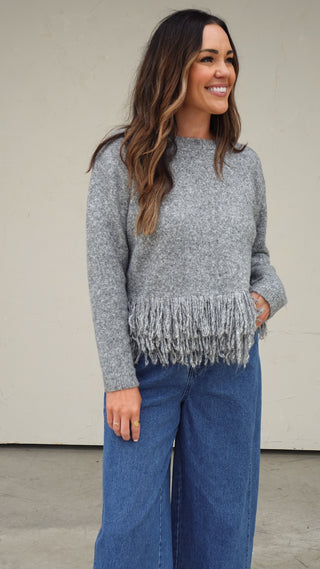 Gray Fringe Knit Top