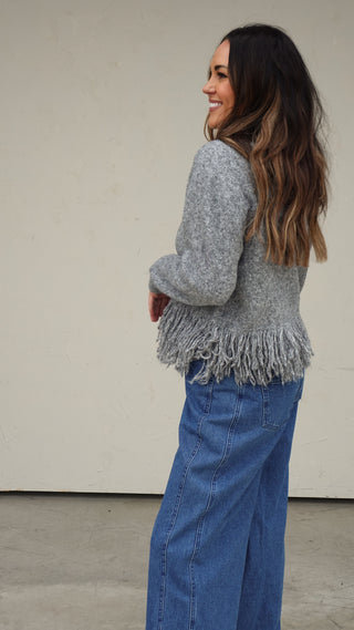 Gray Fringe Knit Top