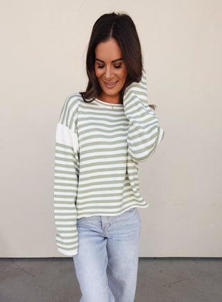 Matcha Striped Rolled-Hem Sweater
