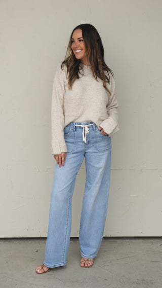 Light Wash Wide-Leg Drawstring Denim