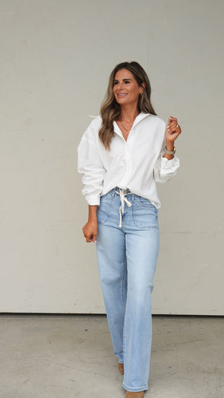 Light Wash Wide-Leg Drawstring Denim