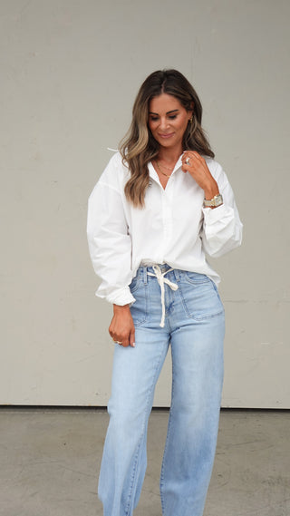 Light Wash Wide-Leg Drawstring Denim