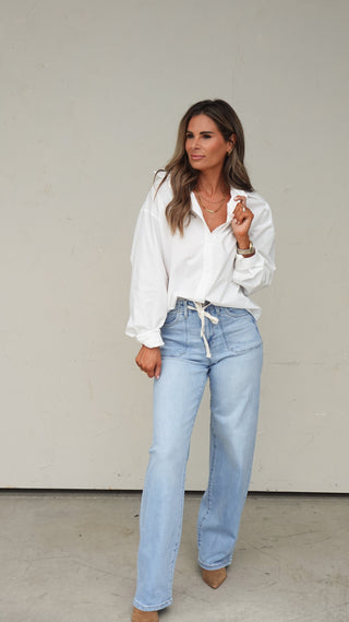 Light Wash Wide-Leg Drawstring Denim
