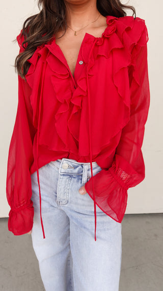 Red Sheer Ruffle Top